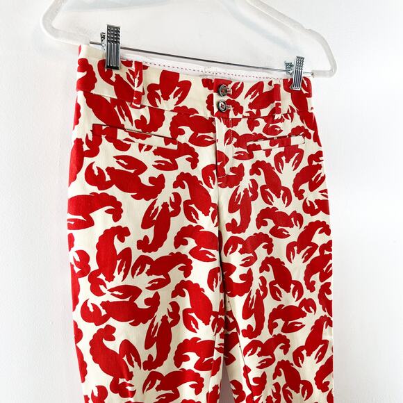 Anthropologie The Essential Slim Cropped Trouser Pants Lobster Print Red 0 - Picture 6 of 11